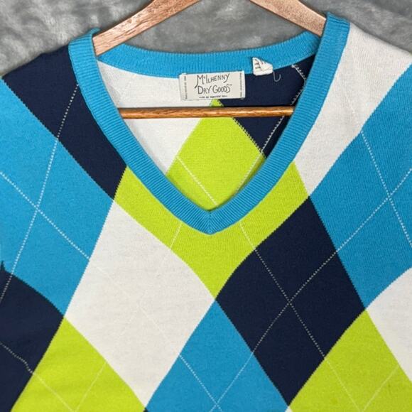 McIlhenny Dry Goods Blue Green Argyle Academia V Neck Sweater Vest Large - Picture 3 of 6